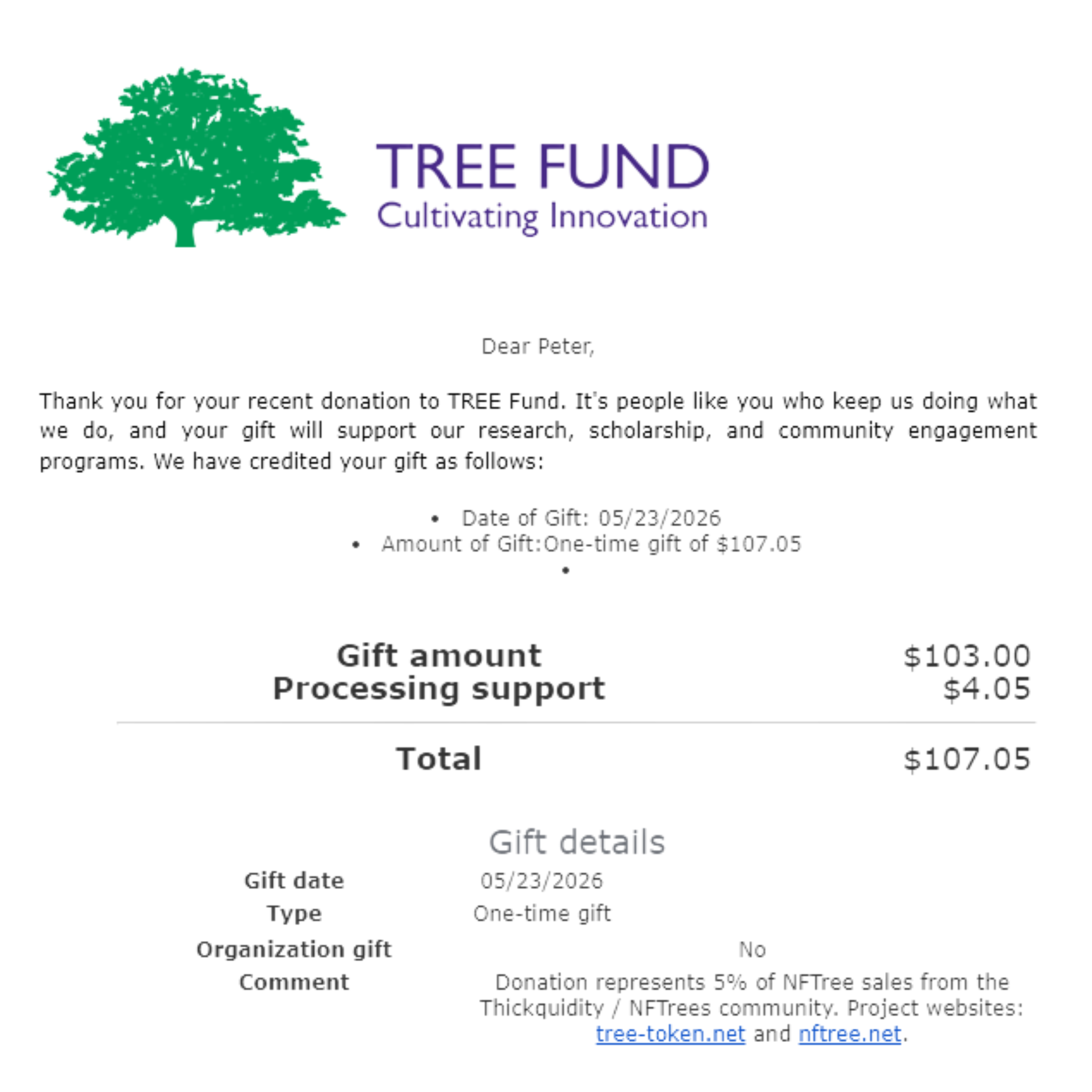 TREE Fund receipt for a May 23, 2026 donation totaling $107.05.
